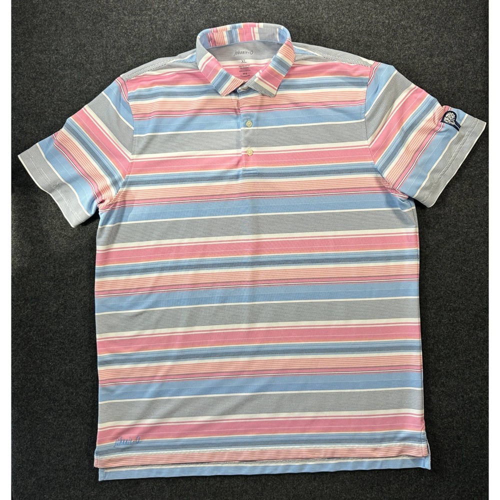Johnnie-O Mens XL Polo Shirt Pebble Beach Performance Pink Blue Striped XL